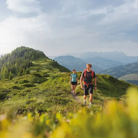Wanderer im Sommer im Brixental mit Bergen im Hintergrund